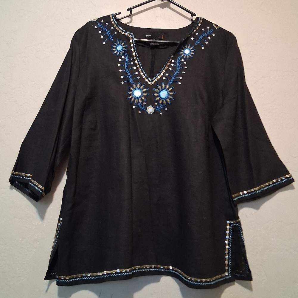 Grace Elements Women Linen Embroidered Tunic Black-Blue Sz1X Boho Vacation